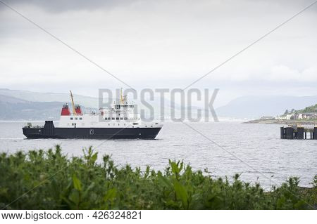 Ferry Ship Arriving At Scottish Town Of Wemyss Bay