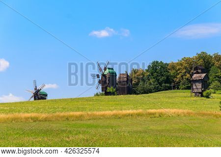 Old Wooden Windmills In Pyrohiv (pirogovo) Village Near Kiev, Ukraine