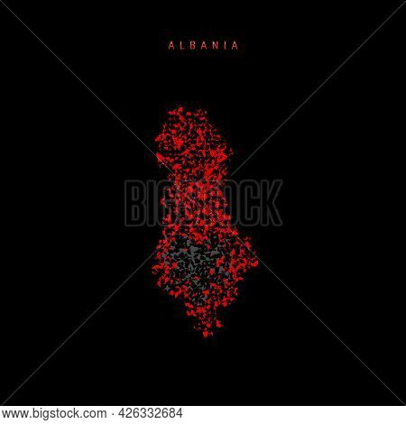 Albania Flag Map, Chaotic Particles Pattern In The Colors Of The Albanian Flag. Vector Illustration 