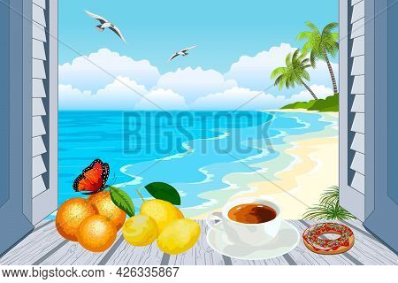 Illustration With A Seascape In An Open Window.tropical Landscape With Sea And Palm Trees In An Open