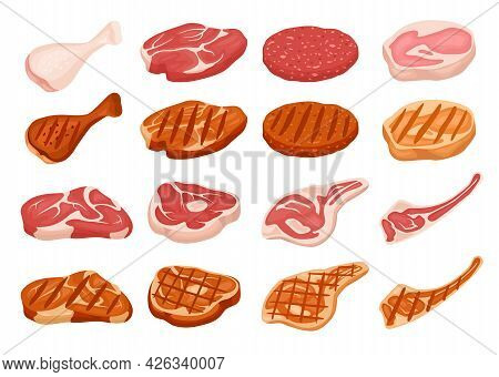 Fresh And Grilled Meat. Cartoon Fried Steak With Grill Marks. Chicken, Pork, Beef, Burger Patty. Raw