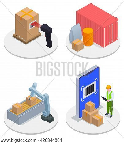 Isometric Modern Warehouse Icon Set Scanner Storage Bin Robotic Arm Worker Checks Boxes Against Scan