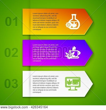 Set Line Test Tube With Marijuana, Cup Tea, Online Buying And Marijuana Or Cannabis Leaf. Business I