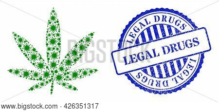 Virulent Collage Cannabis Icon, And Grunge Legal Drugs Seal. Cannabis Collage For Epidemic Templates