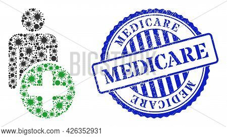 Infection Mosaic Add Man Figure Icon, And Grunge Medicare Seal. Add Man Figure Collage For Pandemic 