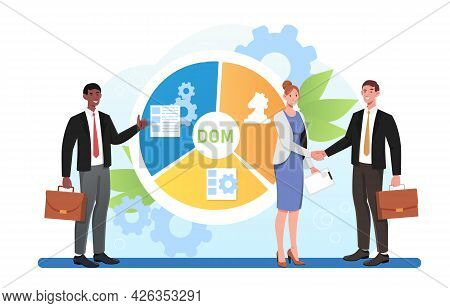 Smiling Male And Female Business People Are Shaking Hands With Dom Chart On The Background. Concept 