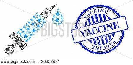 Bacilla Mosaic Vaccine Icon, And Grunge Vaccine Seal Stamp. Vaccine Mosaic For Breakout Templates, A