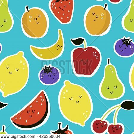 Vector Seamless Pattern With Cartoon Fruits. Apricot, Cherry, Watermelon, Pear, Berries, Strawberry,