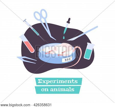 Animal Testing Experimenent Flat Composition With White Mouse And Laboratory Tools Vector Illustrati