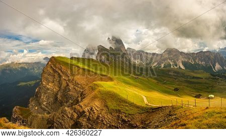 Amazing View Dolomites Mountains From Seceda Over Odle Puez