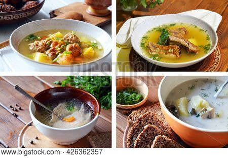 Set Of Four Different Savory Soups Cooked With Salmon, Chicken Meatballs,smoked Pork Ribbs And Mushr
