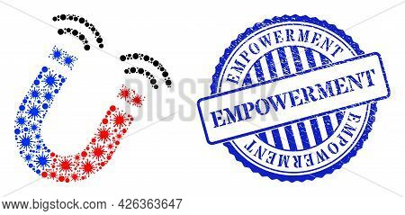 Contagious Mosaic Magnet Field Icon, And Grunge Empowerment Seal Stamp. Magnet Field Collage For Iso