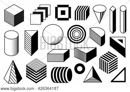 Black And White Geometrick Shapes. Memphis Vector Design Elements Spheres, Cubes, Shapes.