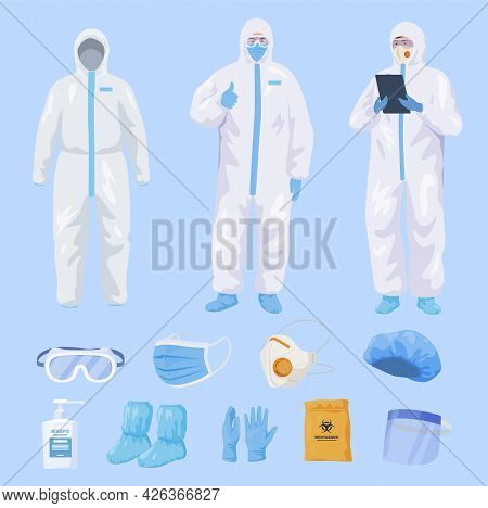 Collection Protective Equipment For Medical Staff Vector Flat Scrub Clinic Staff In Personal Uniform