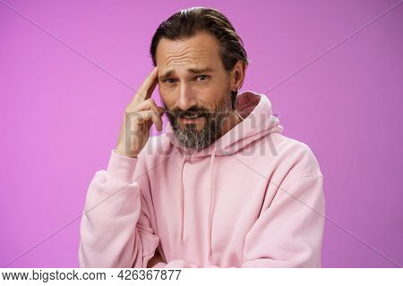 Man Hearing Ridiculous Nonsense Talks Bothered Pissed Frowning Cringing From Dislike Disagree Touch 
