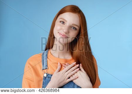 Touched Romantic Tender Cute Redhead Feminine Girl Blue Eyes Tilting Head Melting Heartwarming Gestu