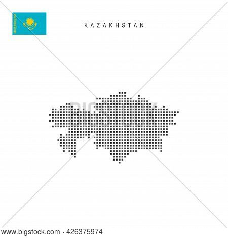 Square Dots Pattern Map Of Kazakhstan. Kazakh Dotted Pixel Map With National Flag Isolated On White 