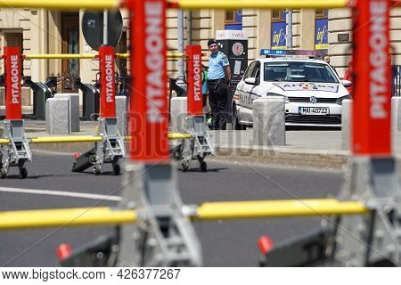 Bucharest, Romania - June 08, 2021: Pitagone F11 Anti-terror Mobile Vehicle Barrier On Calea Victori