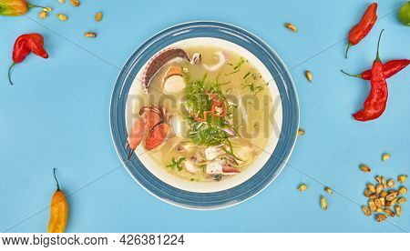 Delicious Fish Soup Seafood Called Chilcano Peruvian Food, Decorated With Crabs