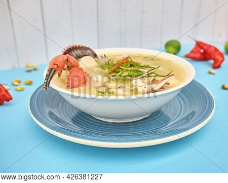 Delicious Fish Soup Seafood Called Chilcano Peruvian Food, Decorated With Crabs