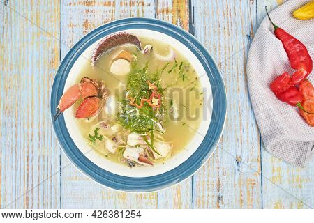 Delicious Fish Soup Seafood Called Chilcano Peruvian Food, Decorated With Crabs