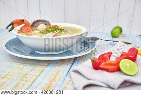 Delicious Fish Soup Seafood Called Chilcano Peruvian Food, Decorated With Crabs