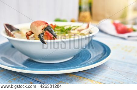 Delicious Fish Soup Seafood Called Chilcano Peruvian Food, Decorated With Crabs