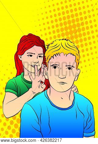 Woman Pulling On Her Boyfriend's Ears. Fun Or Punishment Concept. Caucasian Funny Man With Face Expr