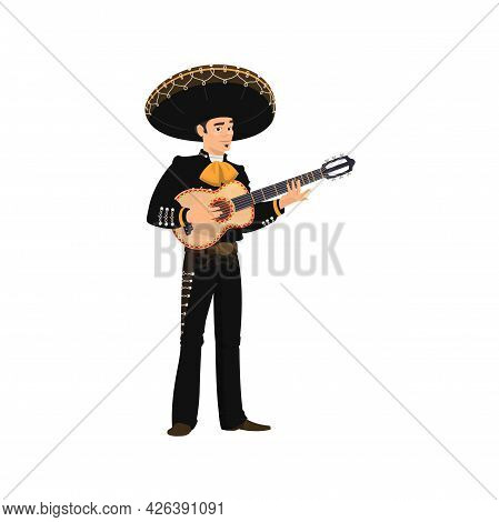Carnival Musician Mariachi Playing Guitar Isolated. Vector Spanish Guitarist Latino Street Player In