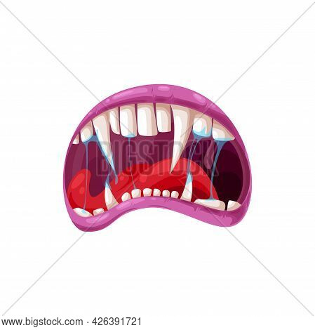 Vampire Mouth With Fangs Vector Icon. Cartoon Open Scary Jaws With Long Pointed Teeth And Gooey Sali