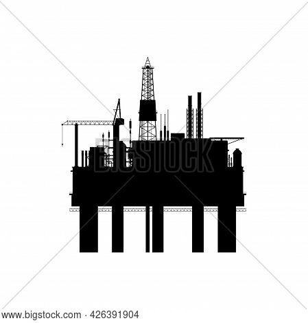 Drilling Factory Platform Rig, Ndustrial Buildings, Chemical Factory Silhouette Isolated Icon. Vecto