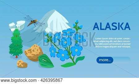 Alaska Travel Sightseeing Tours Online Isometric Webpage Banner With Sea Ice Mountain Icecap Sitka S