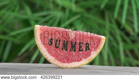 Slice Grapefuit And Message Of Summer. Palm Leaves Background.