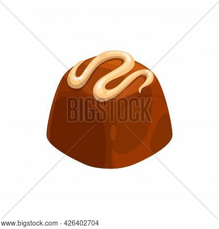 Candy Chocolate, Sweet Dessert Cake Food, Truffle With Caramel, Vector Isolated Icon. Milk Or Dark B