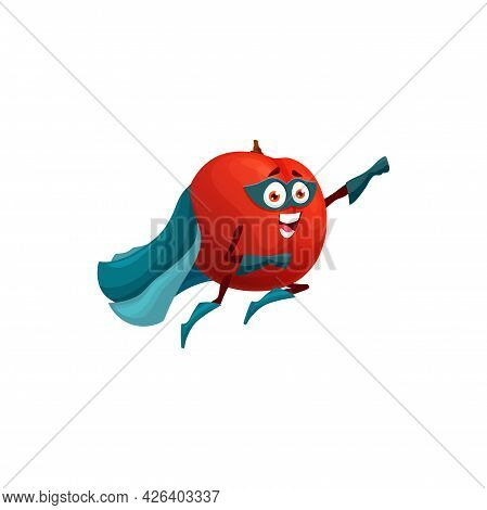 Apple Superhero Fruit Cartoon Character, Vector Food In Super Hero Costume And Mask. Happy Apple Fru
