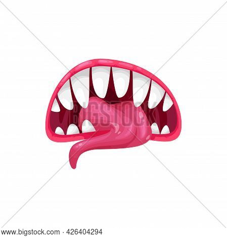 Monster Mouth Vector Icon, Creepy Yelling Beast Jaws With Sharp Teeth With Splashing Saliva And Long