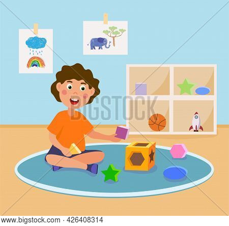 Happy Little Kid Is Learning 3d Geometry By Playing With Toys. Concept Of Educational Toys For Child