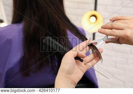 Professional Stylist Cutting Client's Hair In Salon, Closeup