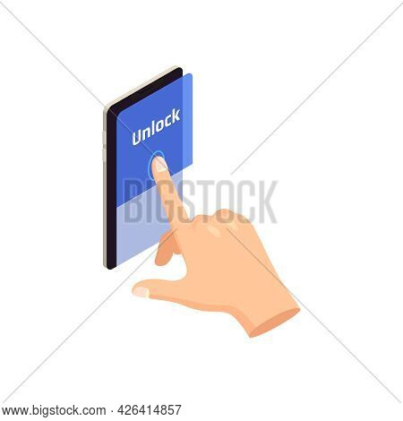 Privacy Biometric Authentication Icon With Human Hand Unlocking Smartphone With Finger Isometric Vec