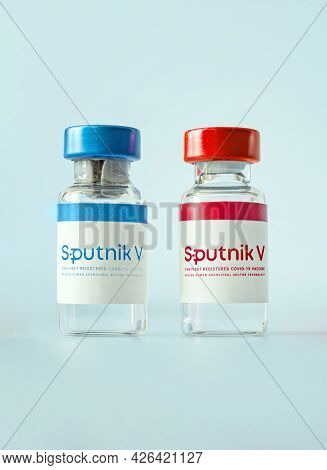 The Vaccine Sputnik V From The Coronovirus Infection Covid 19 On A Blue Background . January 18, 202