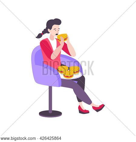 Stressed Woman Eating Burgers Trying To Handle Stress Flat Vector Illustration