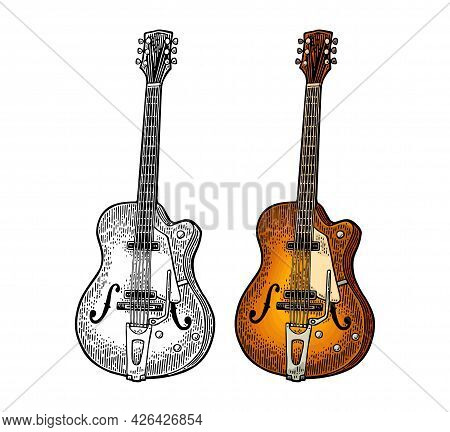 Semi Acoustic Guitar. Vintage Vector Black Engraving Illustration
