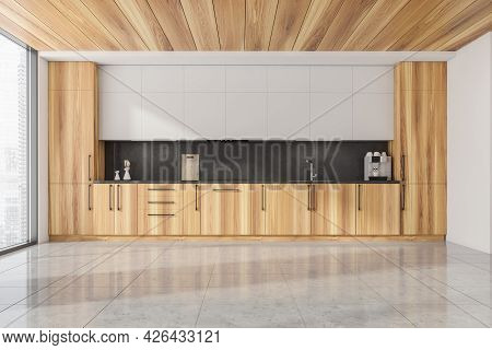 Half Wooden Panoramic Kitchen And Ceiling. White Upper Element And Right Wall. Black Splashback. Til