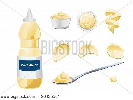 Mayonnaise In Bowl, Bottle, Stains And Splash Set. Condiment White Sauce Icon Set. Top And Front Vie