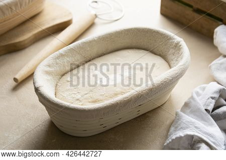 Sourdough Bread Loaf Scoring, Raw Dough In Proofing Rattan Basket Homemade Bread Made From Wild Yeas