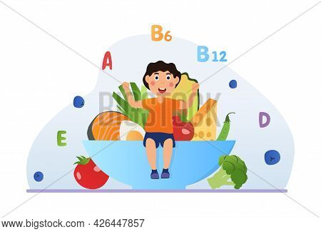 Helathy Food Makes Child Grow Strong And Happy. Healthy Kid Is Showing His Fit Arm Muscles After Eat