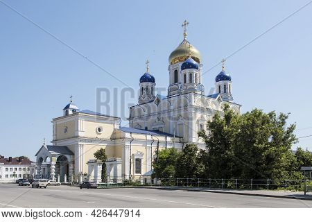 Yelets, Lipetsk Region, Russia - June 7, 2021, The Cathedral Of The Ascension Of The Lord Under A Bl