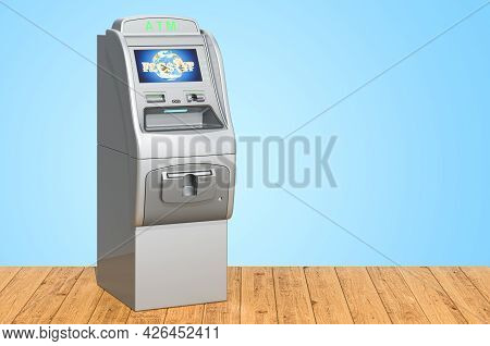 Atm, Automated Teller Machine On The Wooden Planks, 3d Rendering