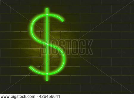 A Neon Light Dollar Sign Is Seen At Night On A Brick Wall In This 3-d Illustration.