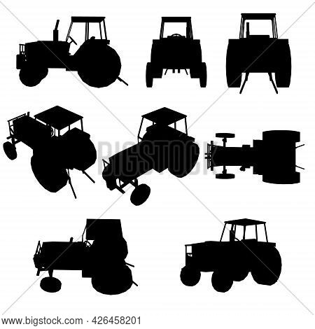 Set With Silhouettes Of A Tractor In Various Positions Isolated On A White Background. Vector Illust